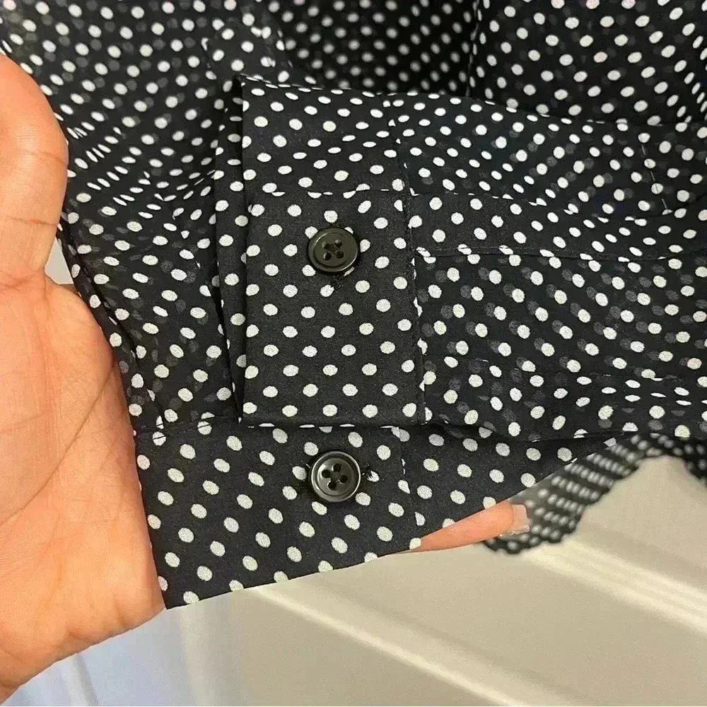 Sheer Button Down Polka Dot Blouse with Bow (Navy Blue, Black and White) - Picture 9 of 10